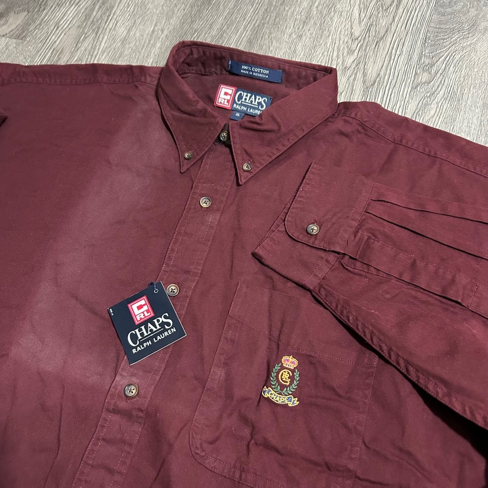 Chaps Ralph Lauren Button Down Shirt XL Burgundy Long Sleeve Crest Logo New